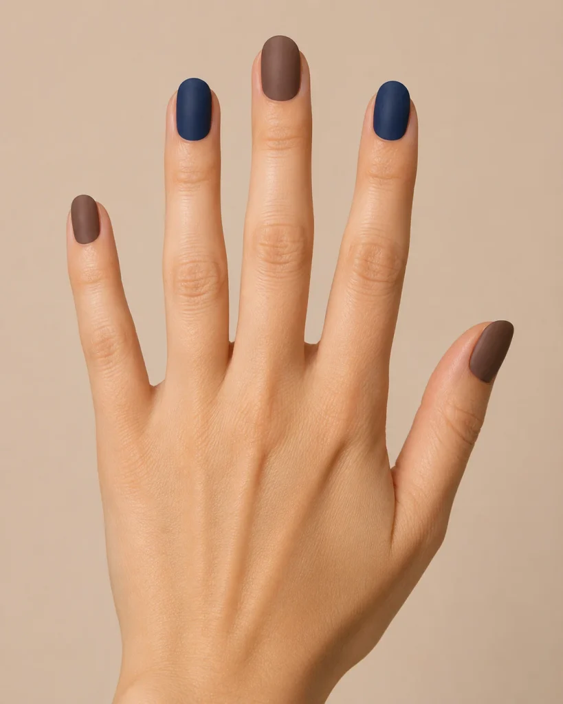 Alternating Brown and Blue Nails Colors