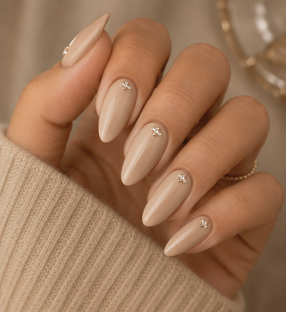 Beige Almond Nails With Rhinestone Accents