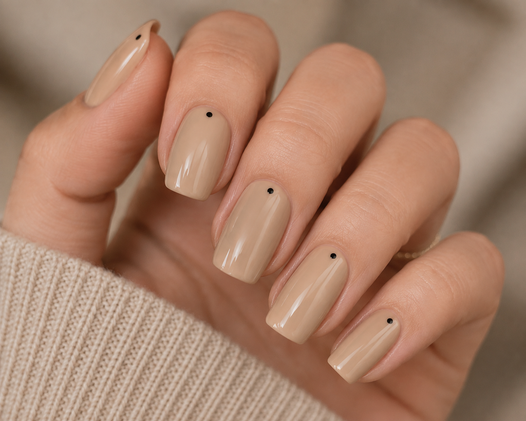 Beige Nails With Tiny Black Dots