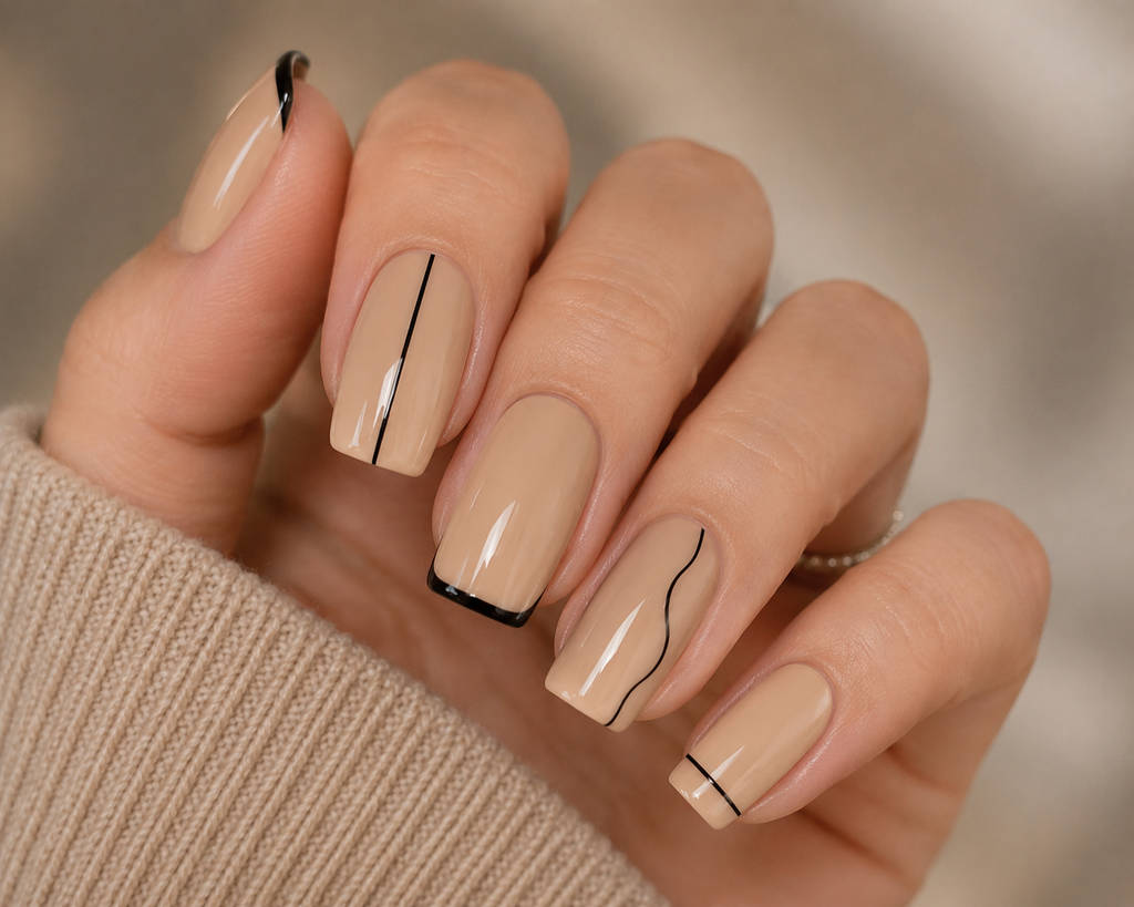 Beige and Black Minimalist Nails