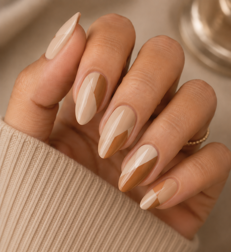 Beige and Caramel Color Block Nails