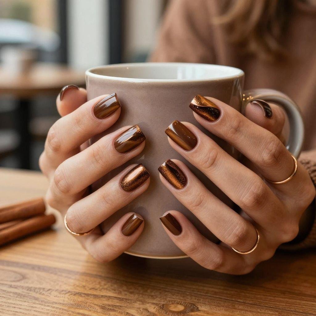 Brown Cat-Eye Coffee Nails