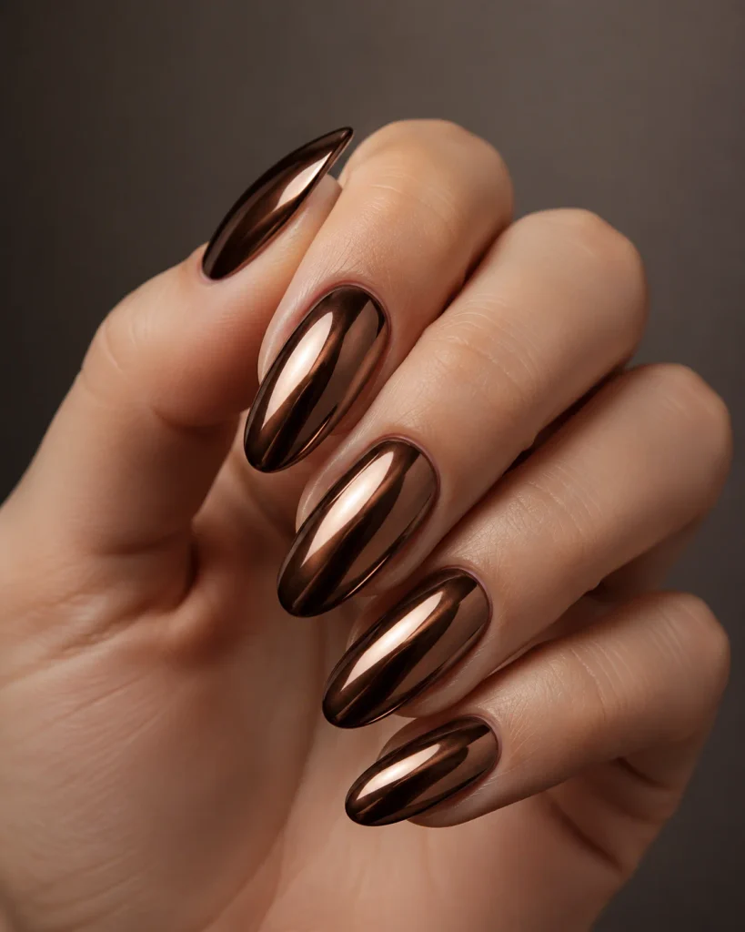Brown Chrome Almond Nails
