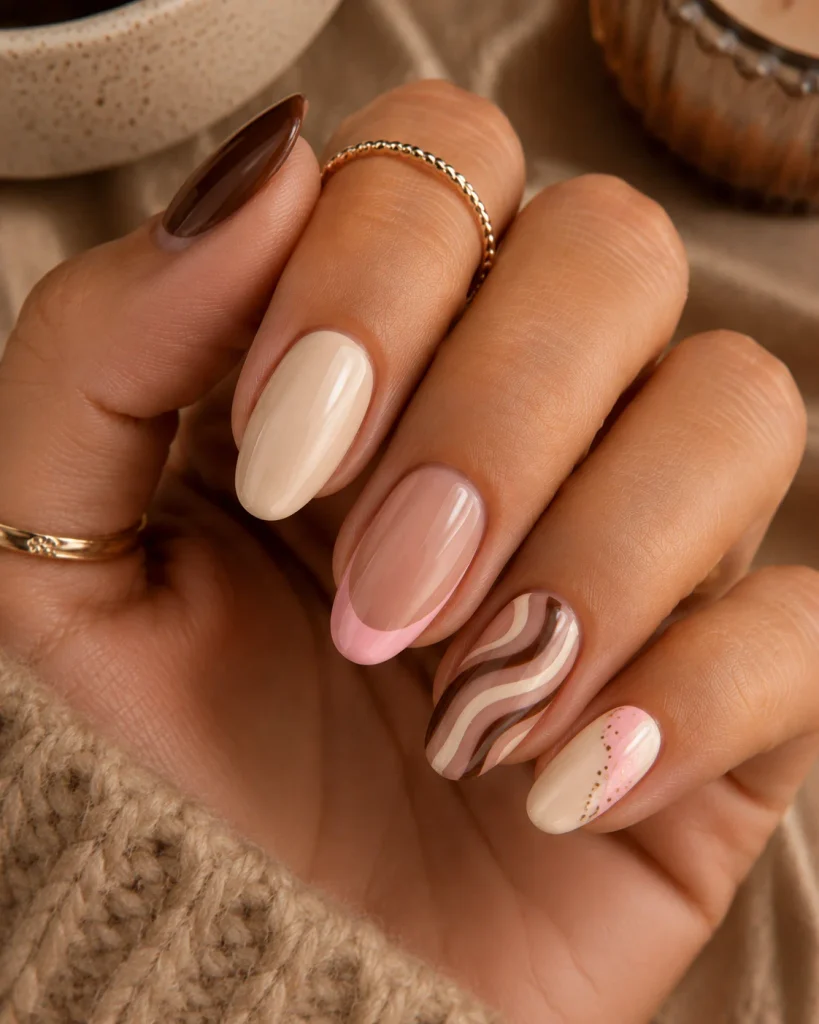 Brown, Cream, and Soft Pink Mix-and-Match Nails