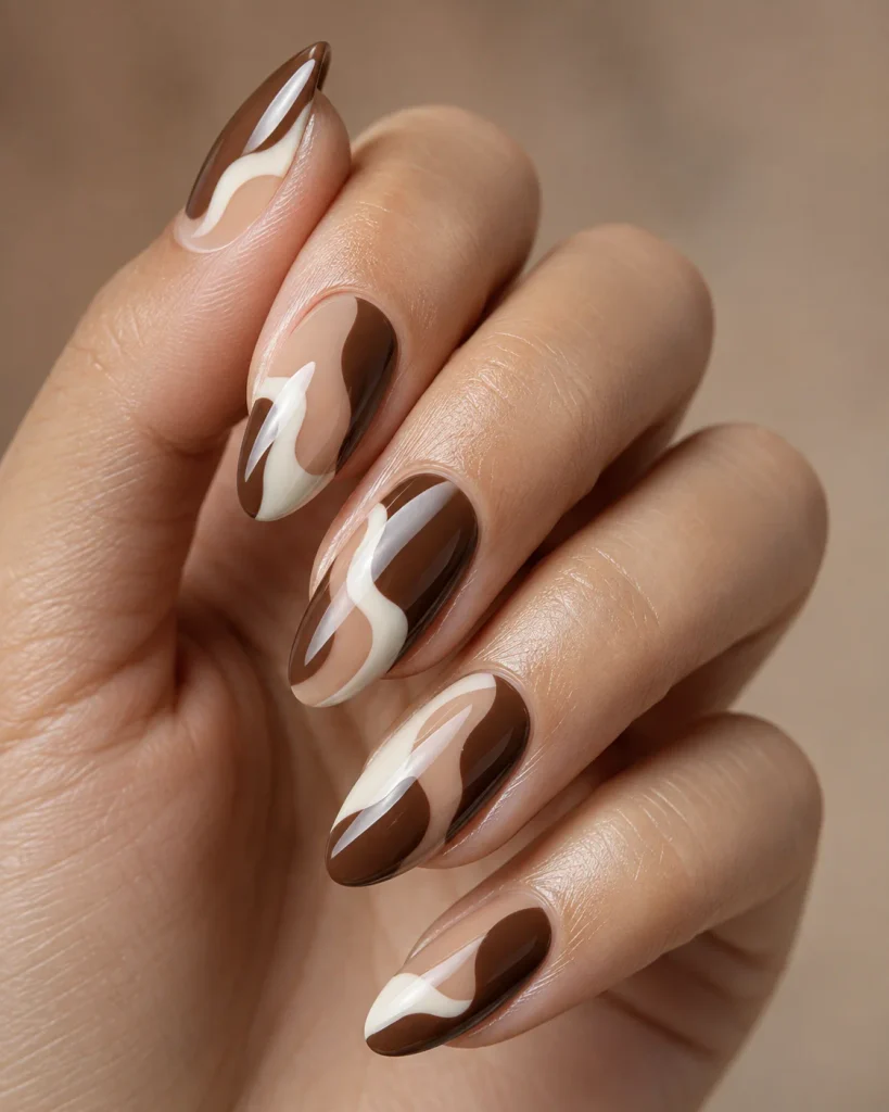 Brown and Cream Abstract Almond Nails