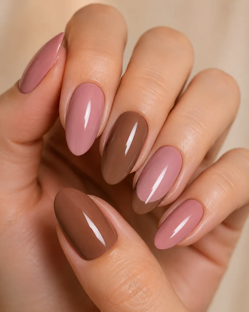 Brown and Pink Almond Nails