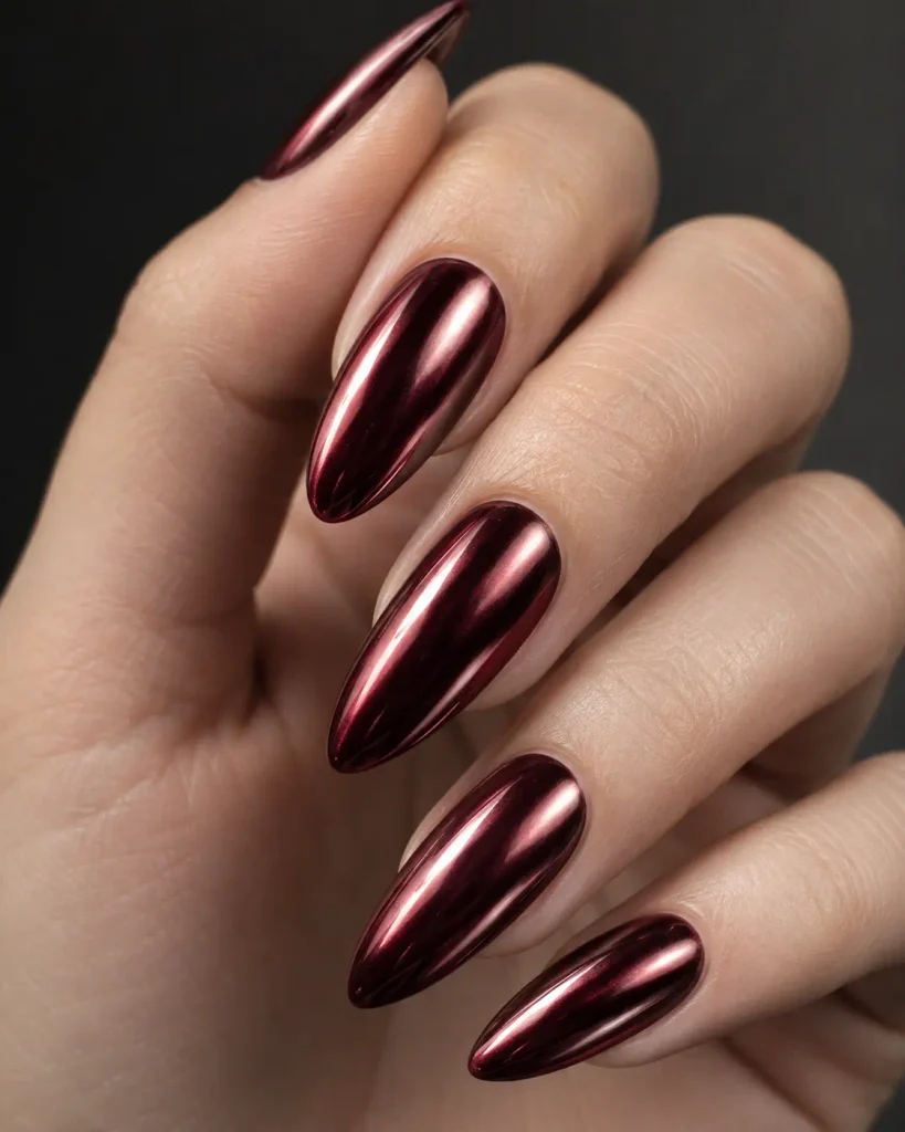 Burgundy Chrome Almond Nails