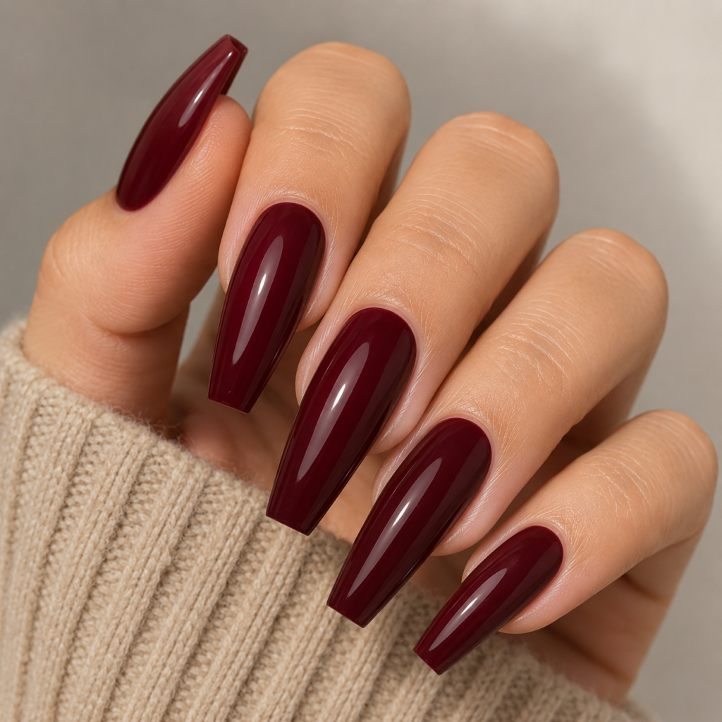 Long Coffin Nails in Burgundy