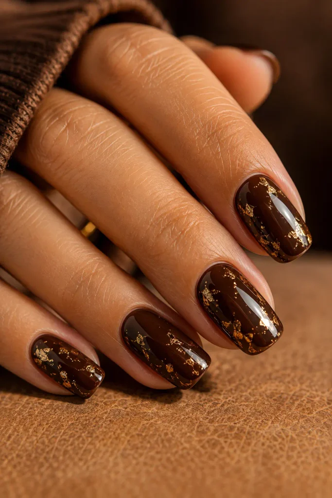 Chocolate brown fall nails with gold foil