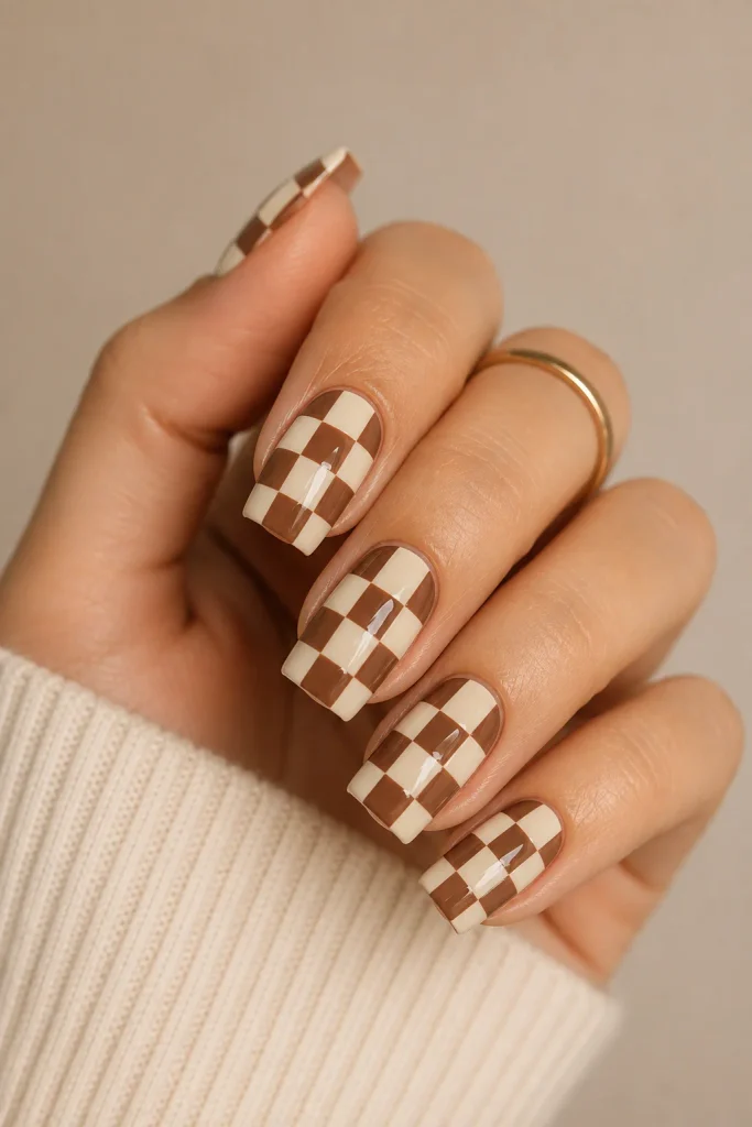 brown and cream checkerboard nails
