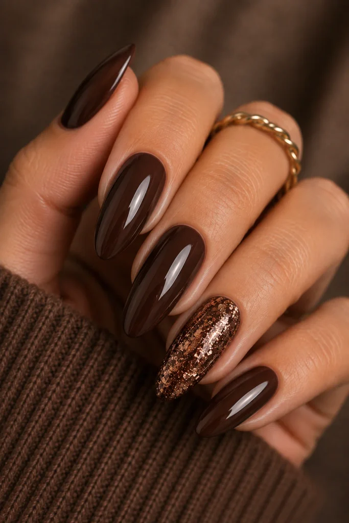 brown glitter accent nails