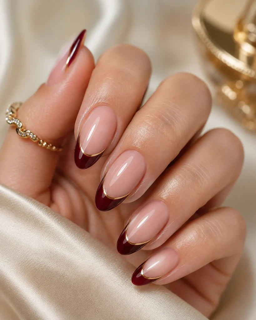 Burgundy French Tip with Fine Line Art 