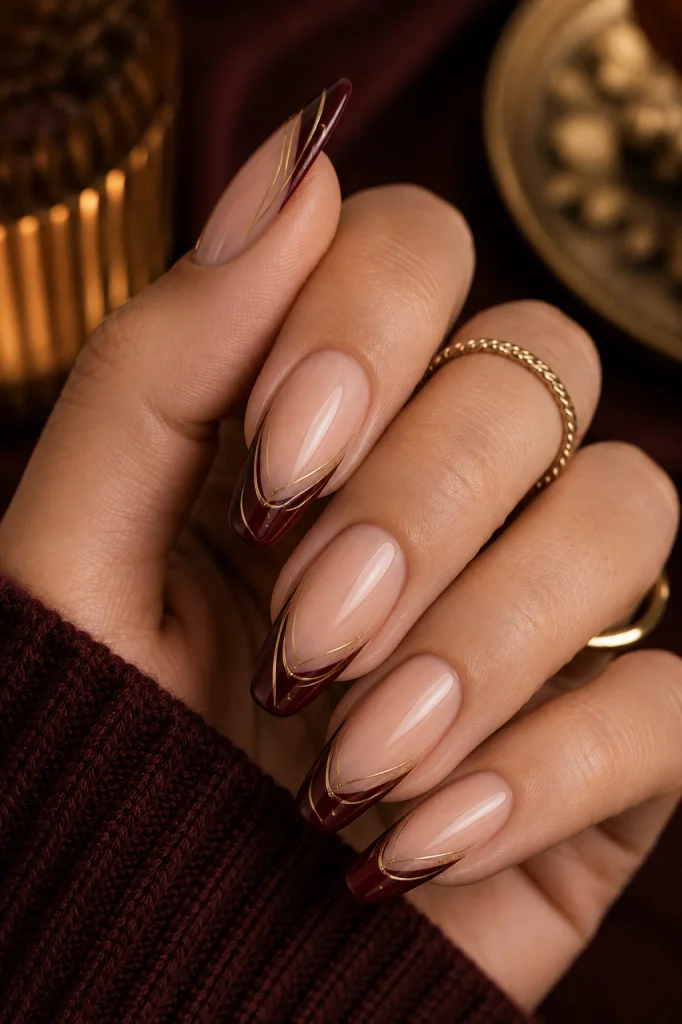 Long Almond Burgundy French with Line Art 
