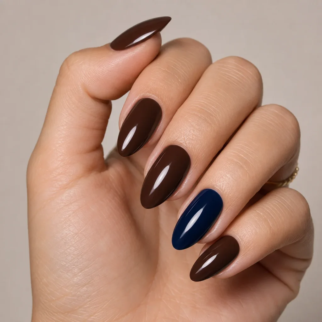 Chocolate Brown with Navy Accent Nail