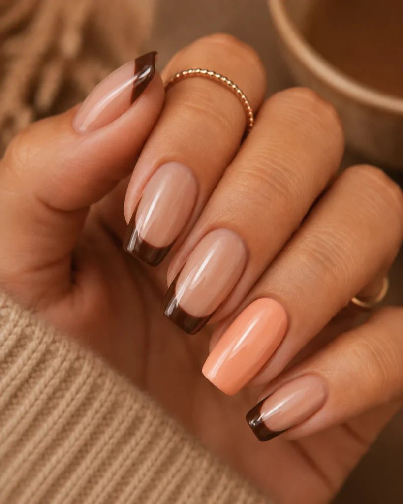 Cocoa French Tips With a Peach Accent