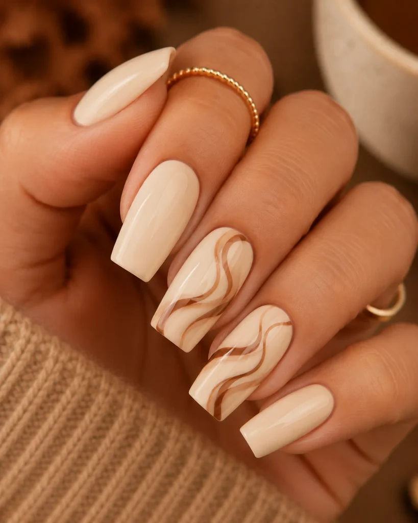 Cream Nails With Cinnamon Swirls