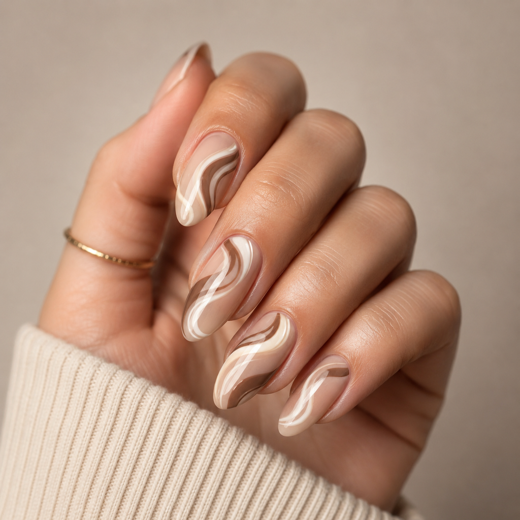 Cream and Beige Swirl Nails
