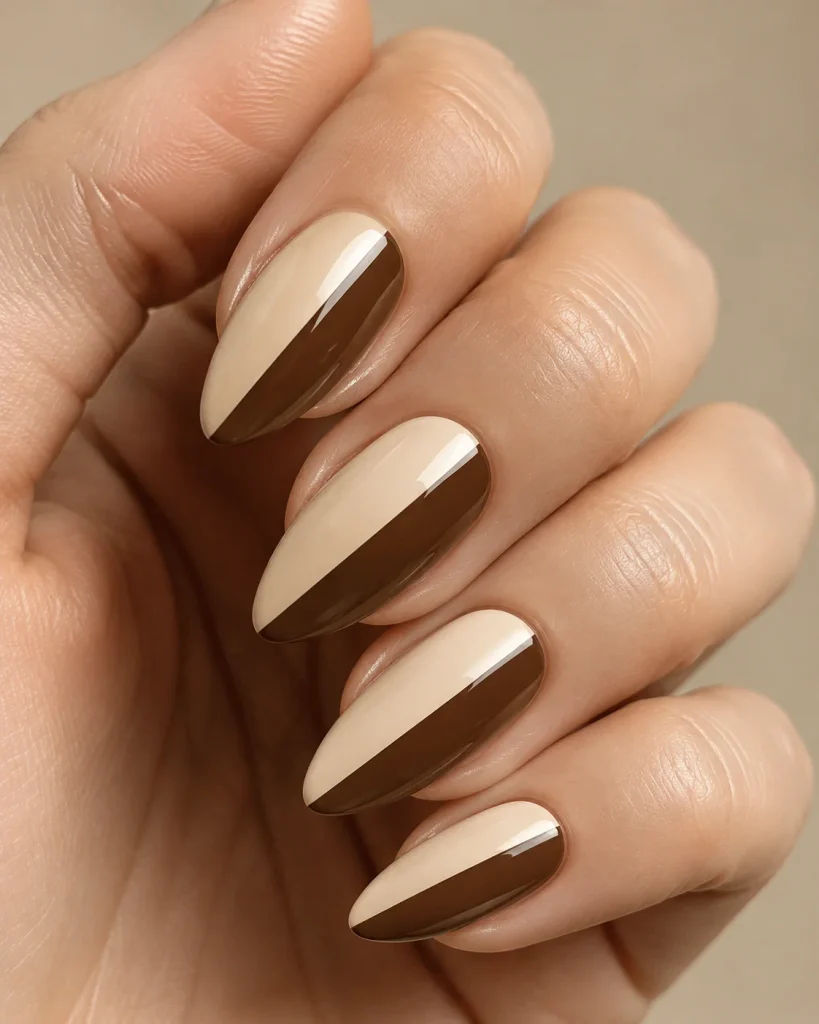 Cream and Chocolate Color-Block Almond Nails