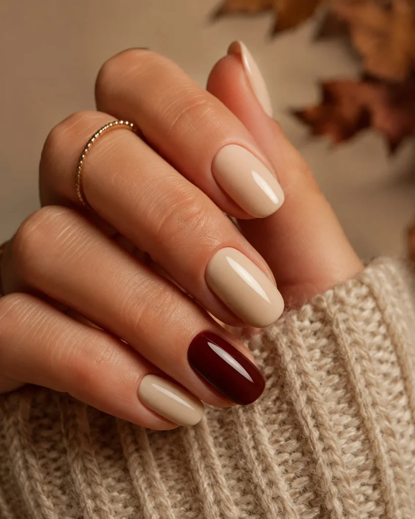 Creamy Beige With Burgundy Accent Nails