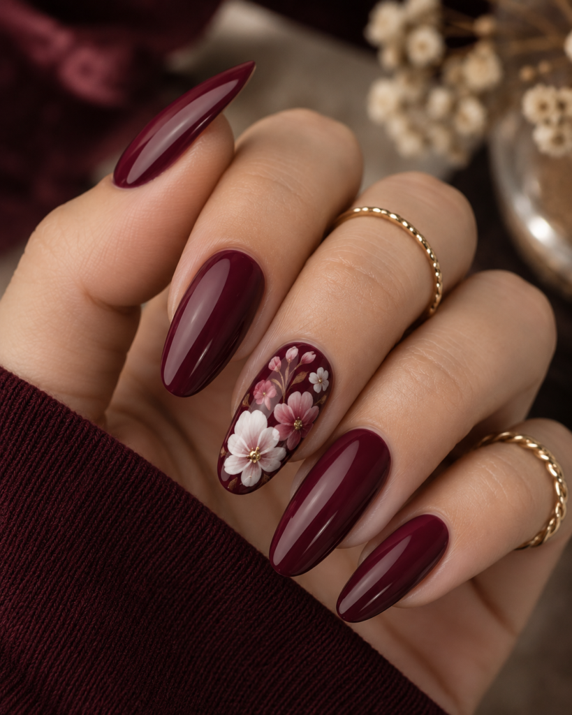 Floral Maroon Nails