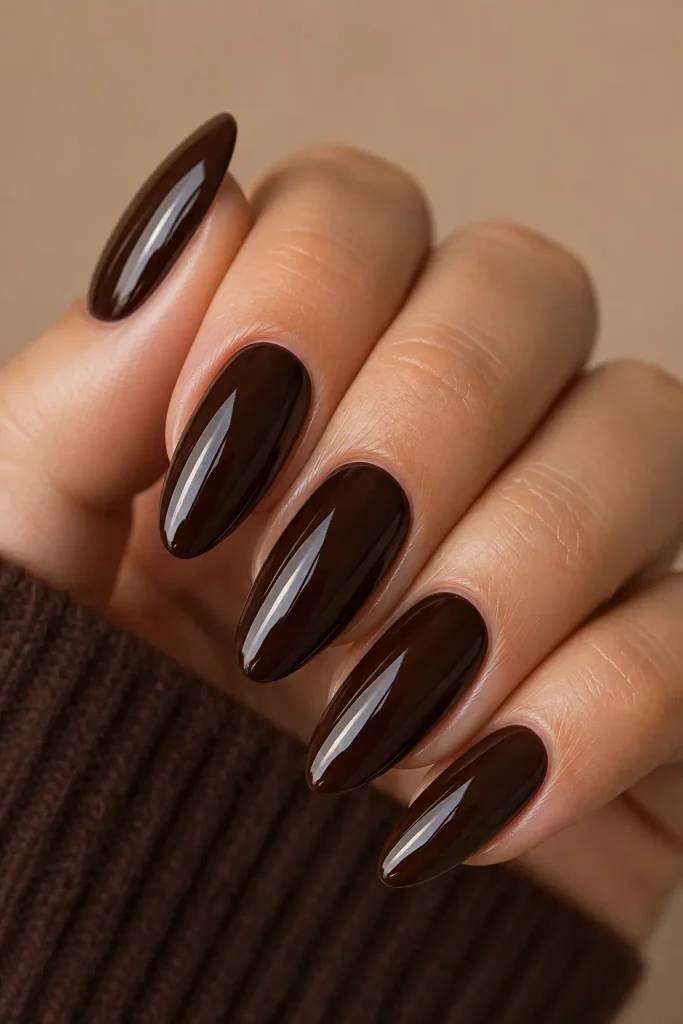 Glossy Espresso Almond Nails