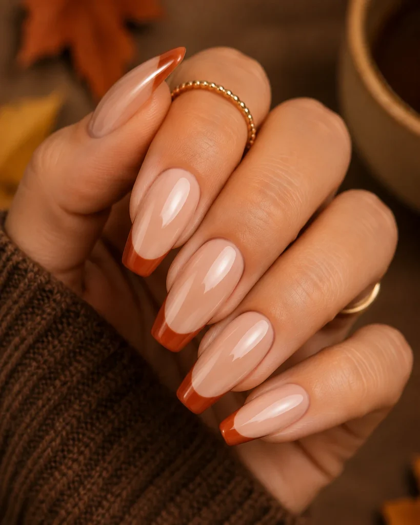 Glossy Nude Nails With Burnt Orange Tips