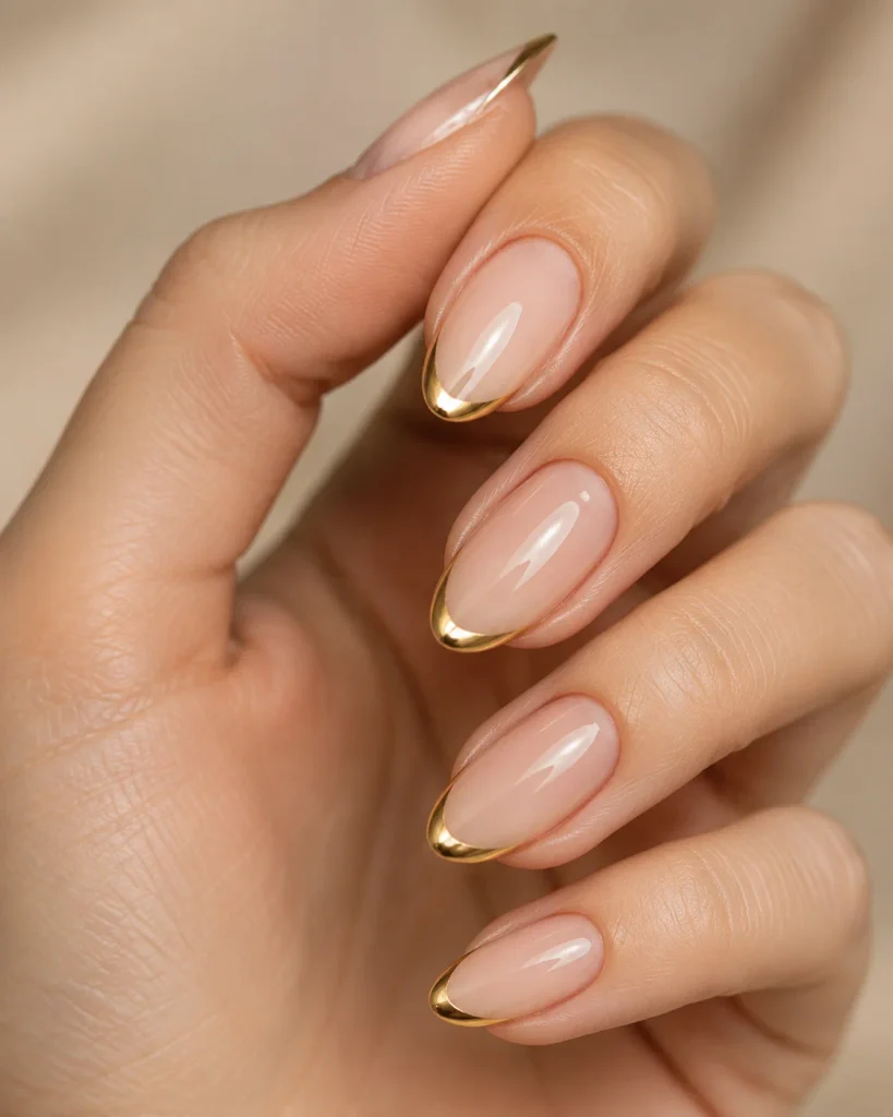 Gold Chrome Tip Almond Nails
