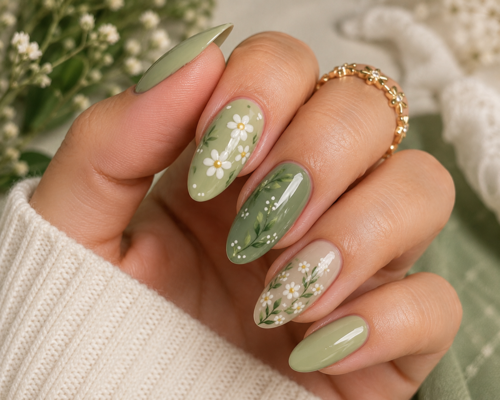 Green Floral Nails