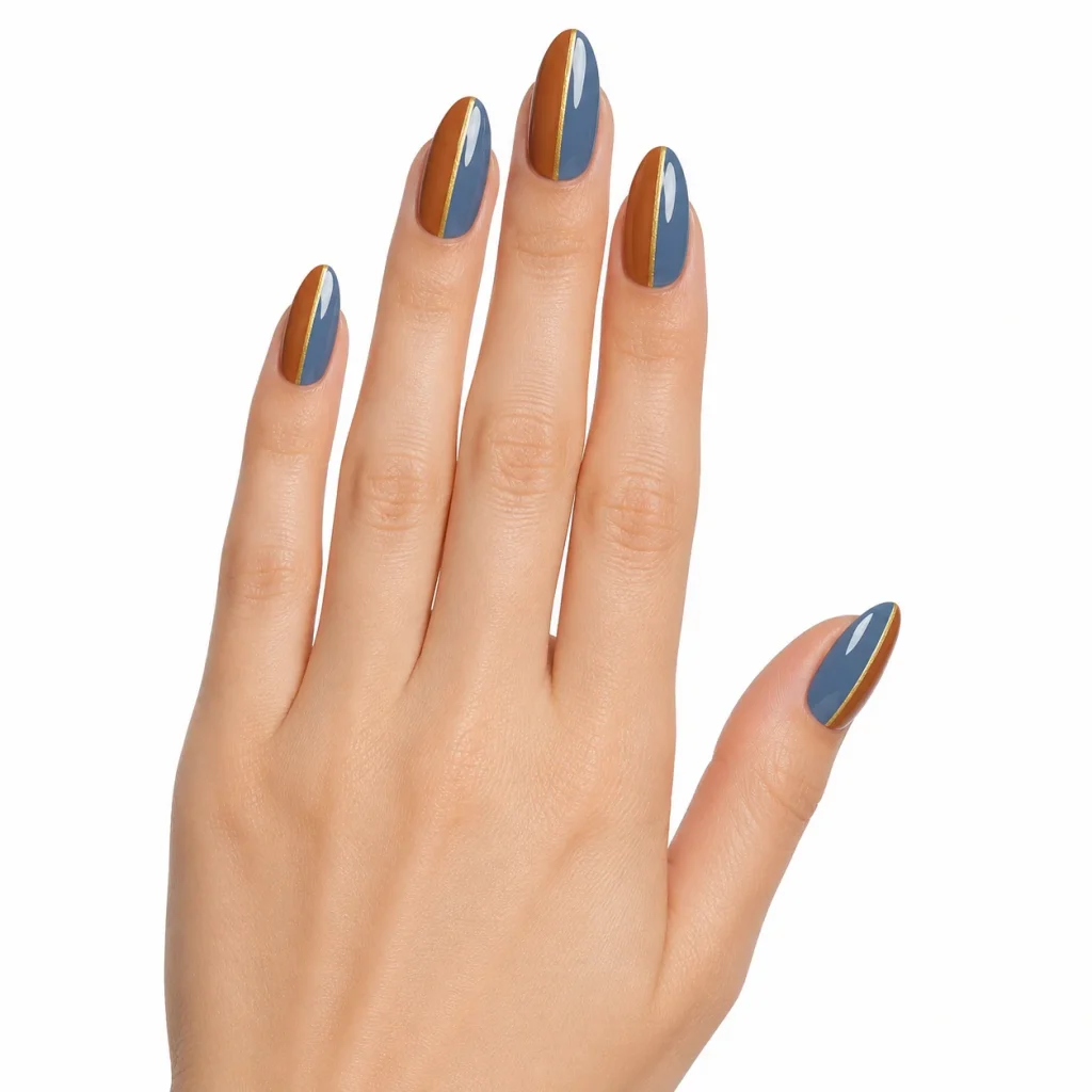 Half-and-Half Brown and Blue Nails