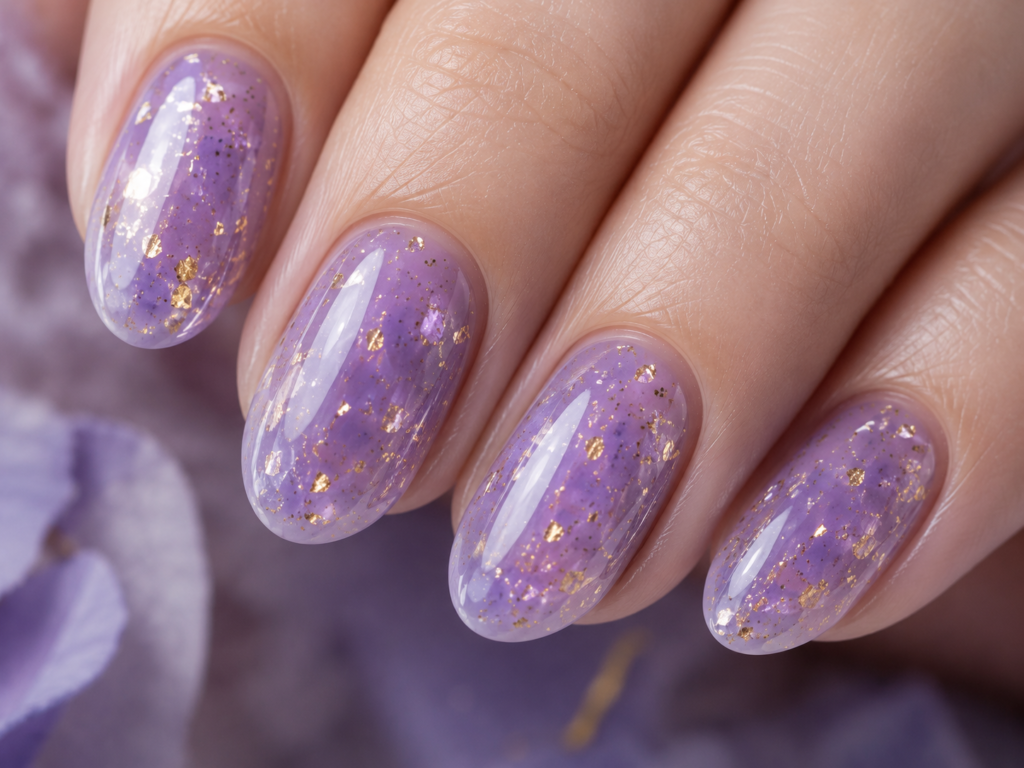 lavender jelly nails with gold flakes