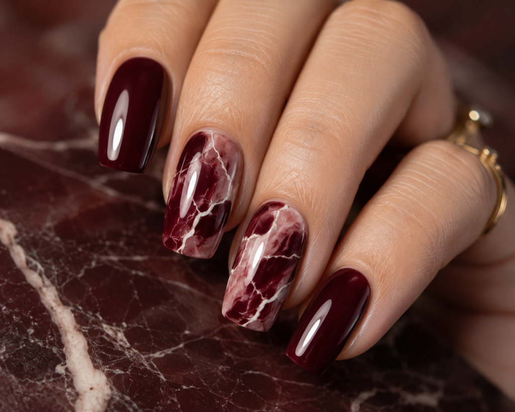 Marble Maroon Nails
