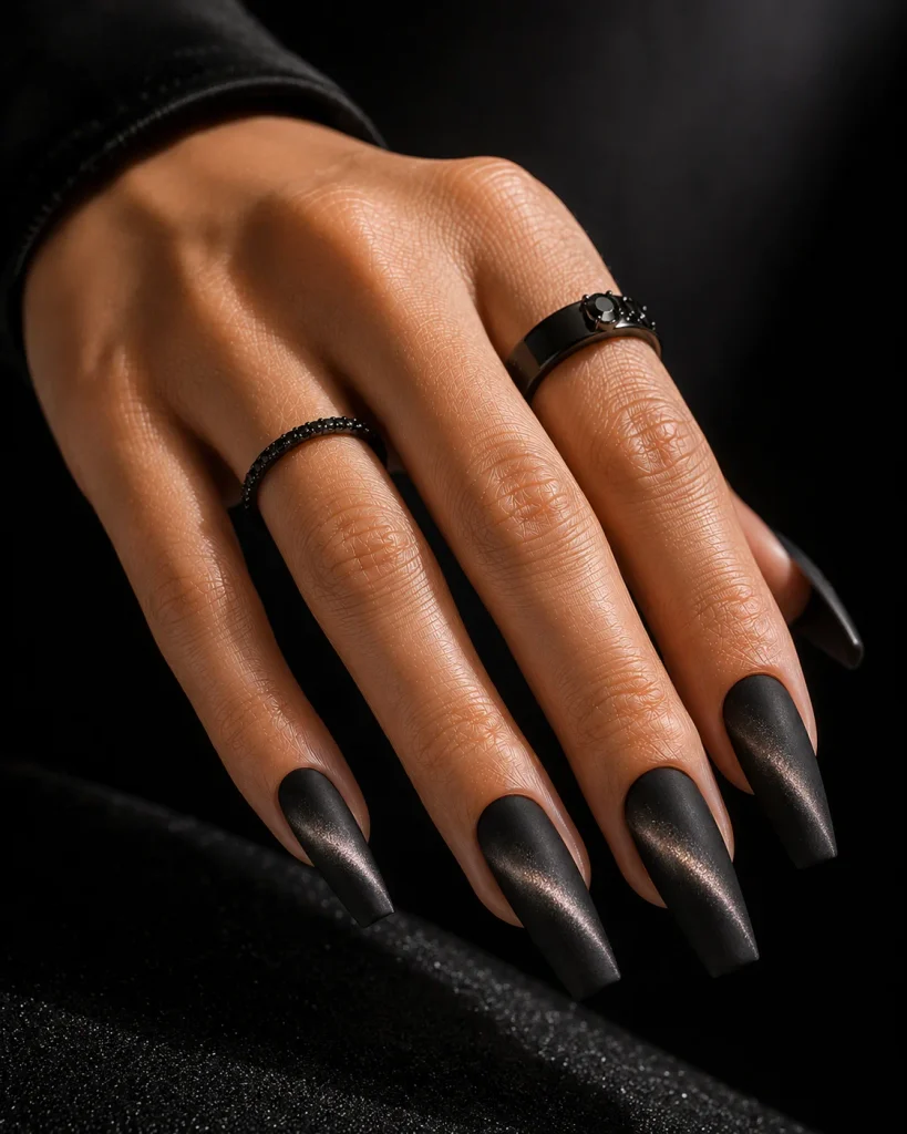 Matte Black Cat Eye Dip Nails