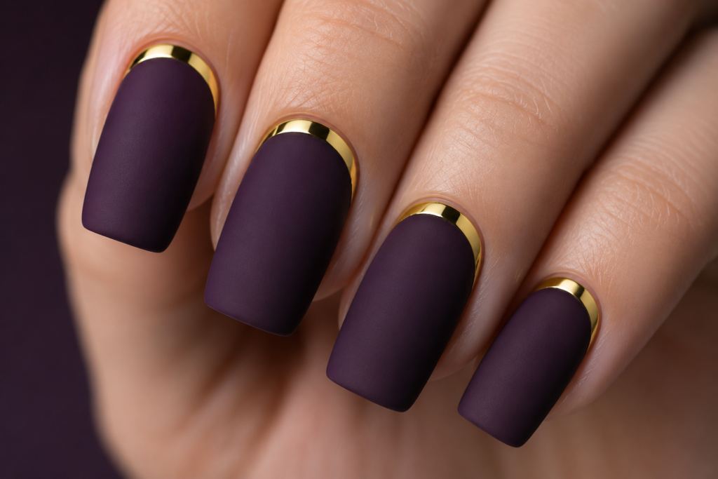 matte eggplant with gold cuticle cuffs