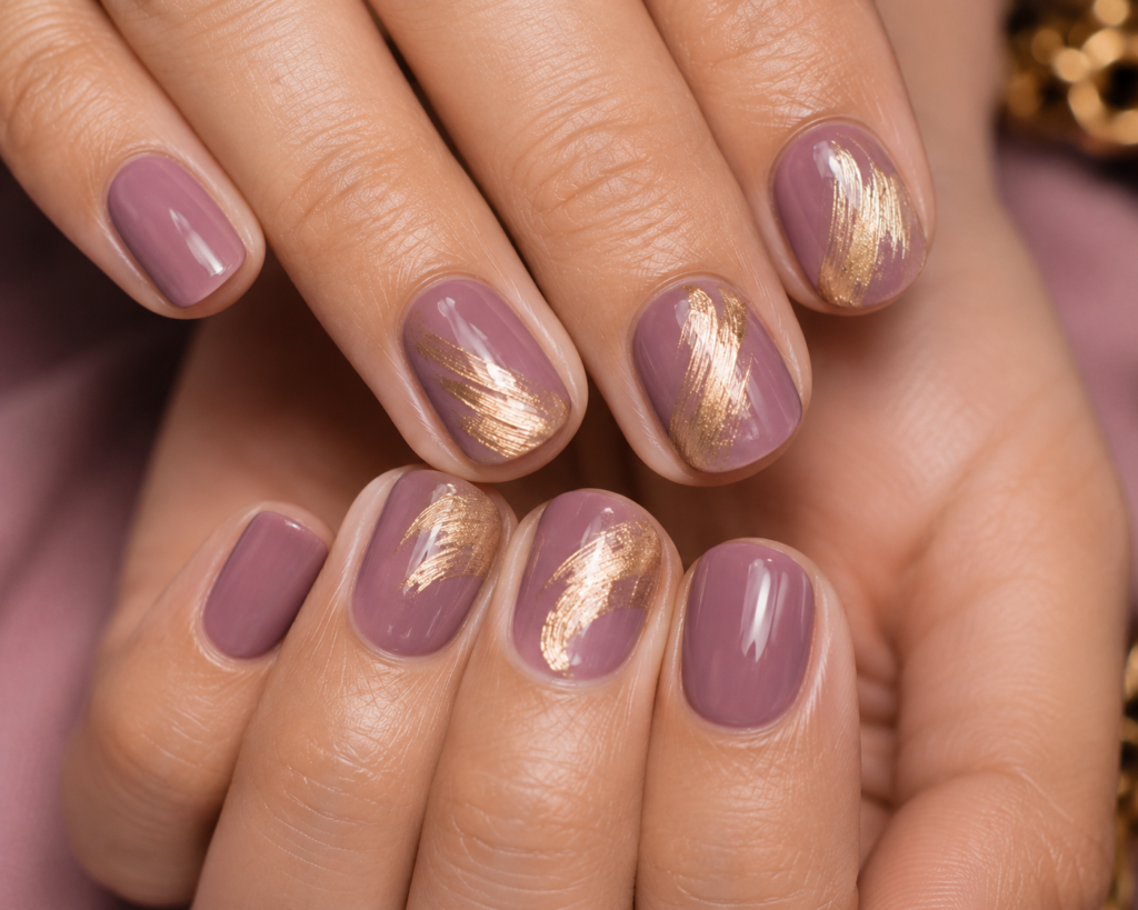 mauve nails with brushed gold nails
purple and gold nails

