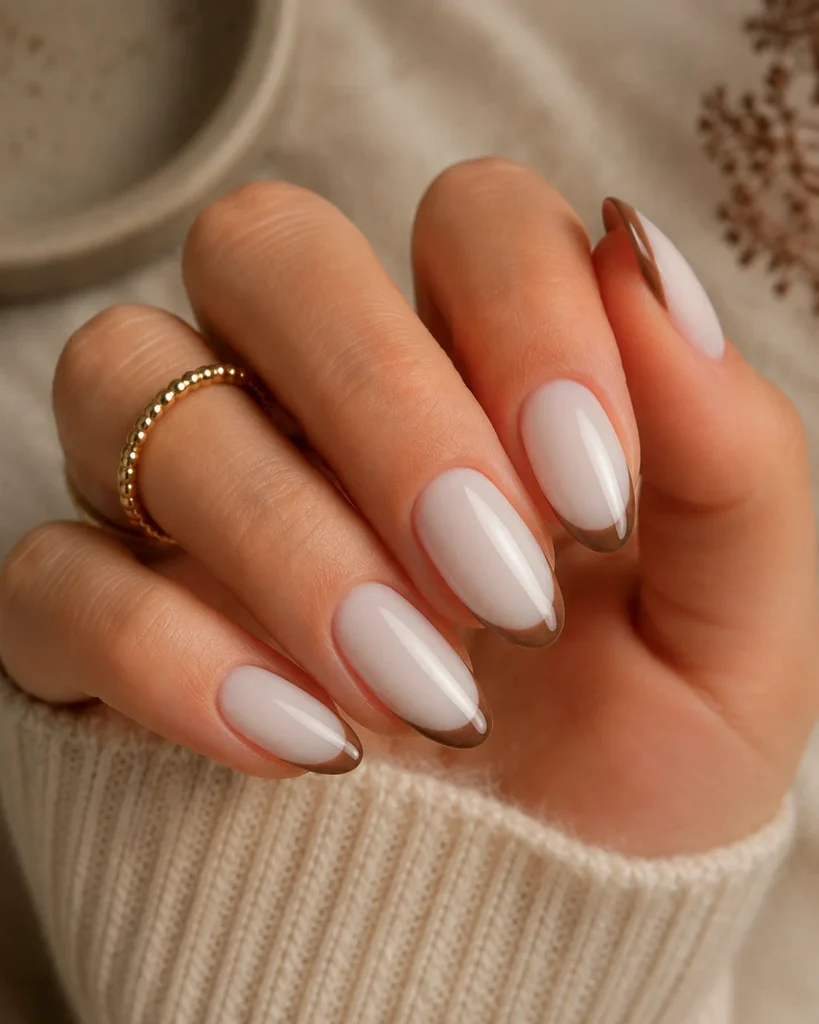 Milky White Nails With Brown French Tips