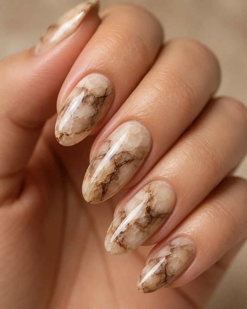 Mocha Marble Almond Nails