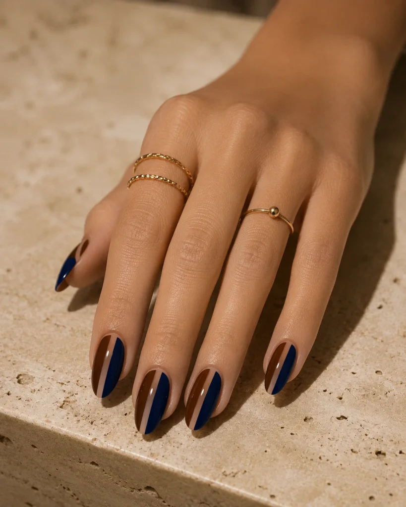 Negative Space Brown and Blue Nails