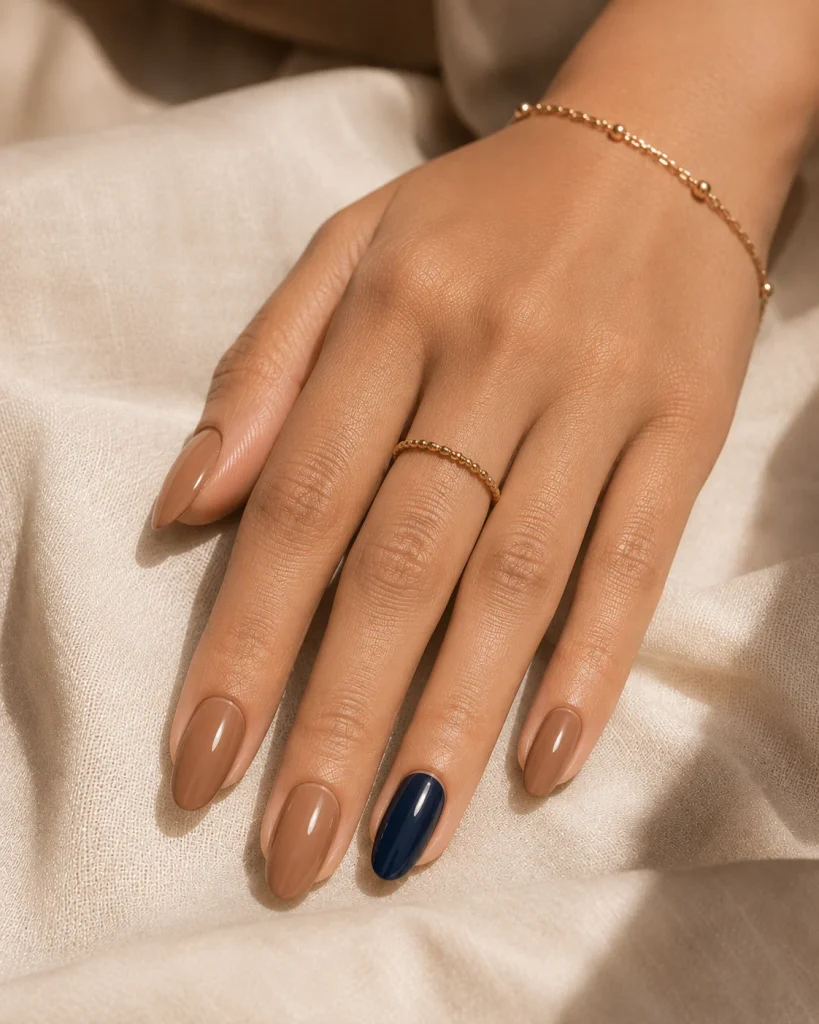 Nude Brown with One Blue Accent Nail