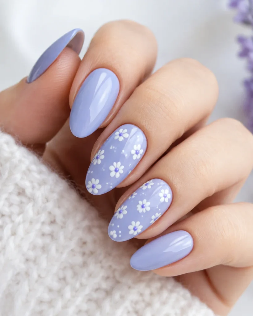 Periwinkle and White Floral Nails