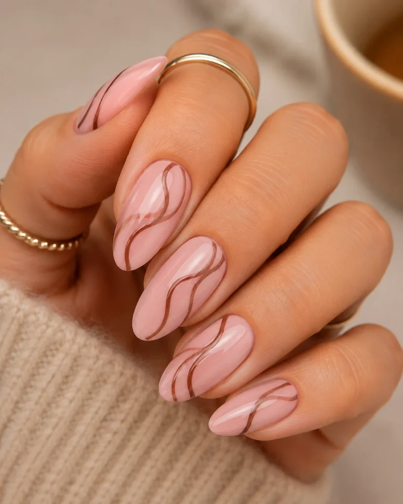 Pink Nails With Brown Abstract Lines