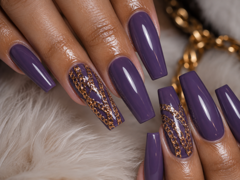 purple acrylics with gold chain