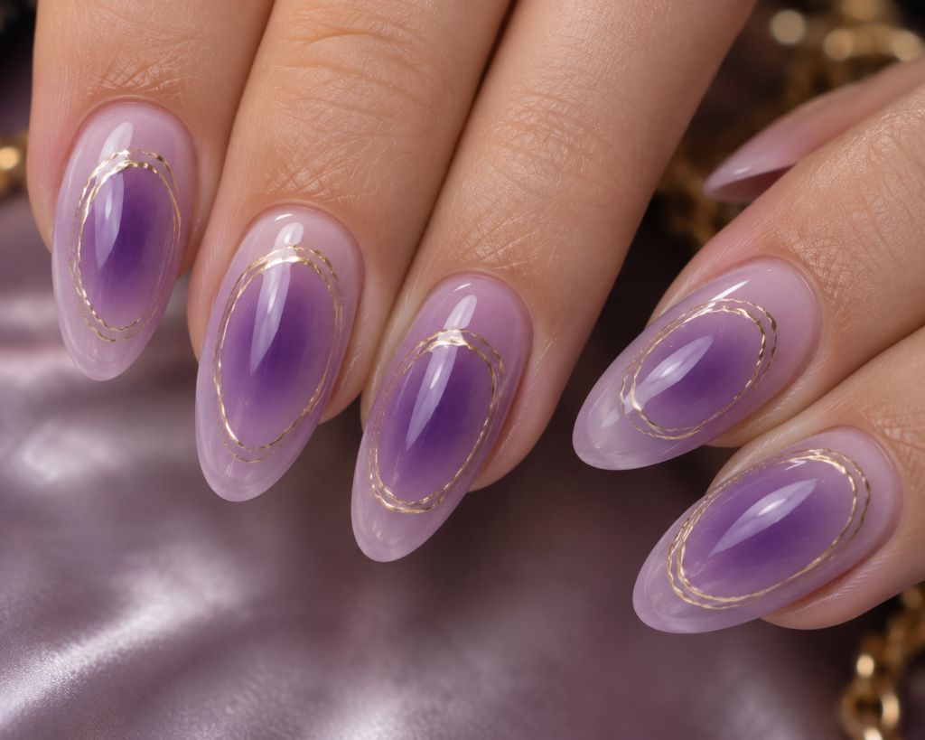 purple aura nails with gold rings