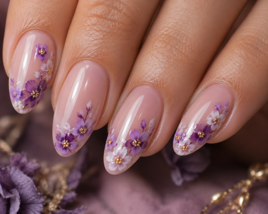 purple floral nails with gold centers