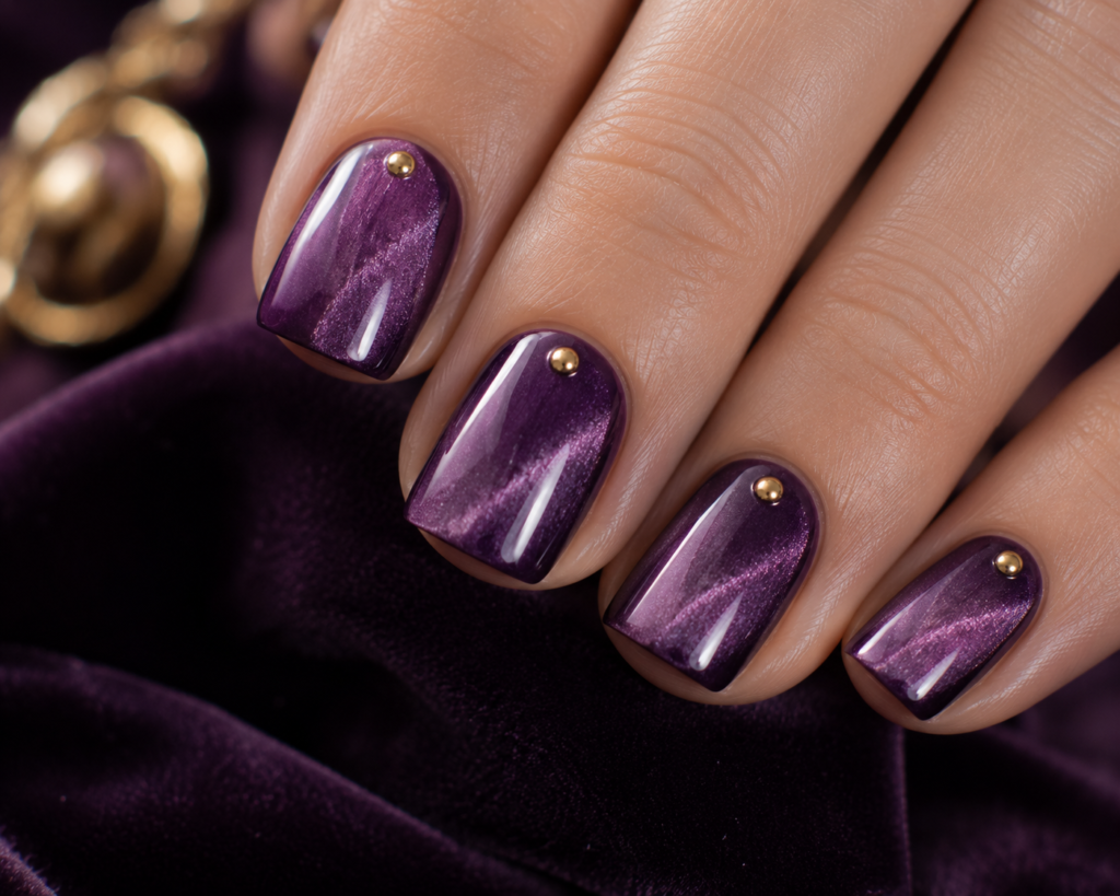 purple velvet nails with gold studs