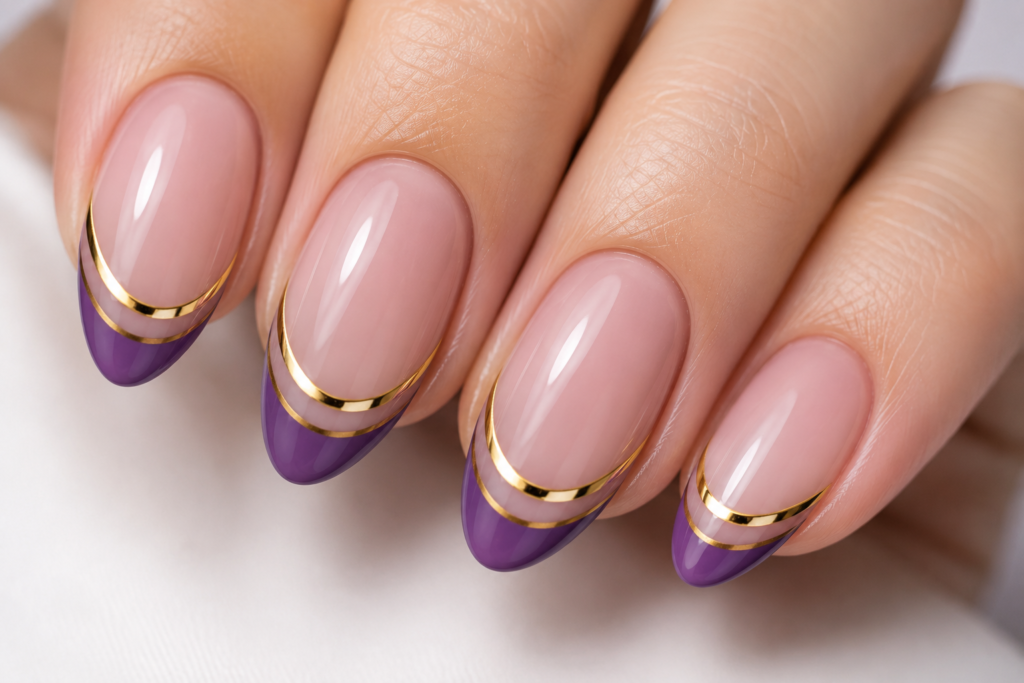 purple and gold double french manicure