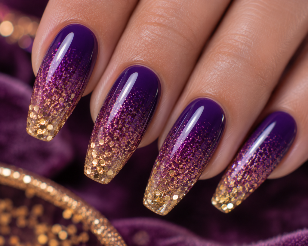 purple to gold glitter gradient
purple and gold nails