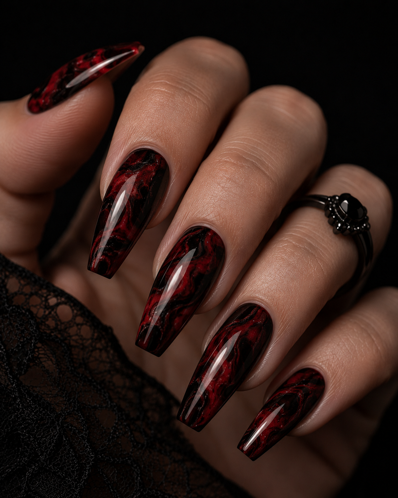  Red and Black Marble Nails