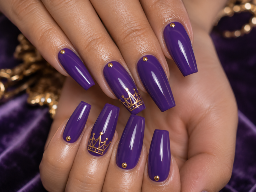 royal purple nails with gold crowns