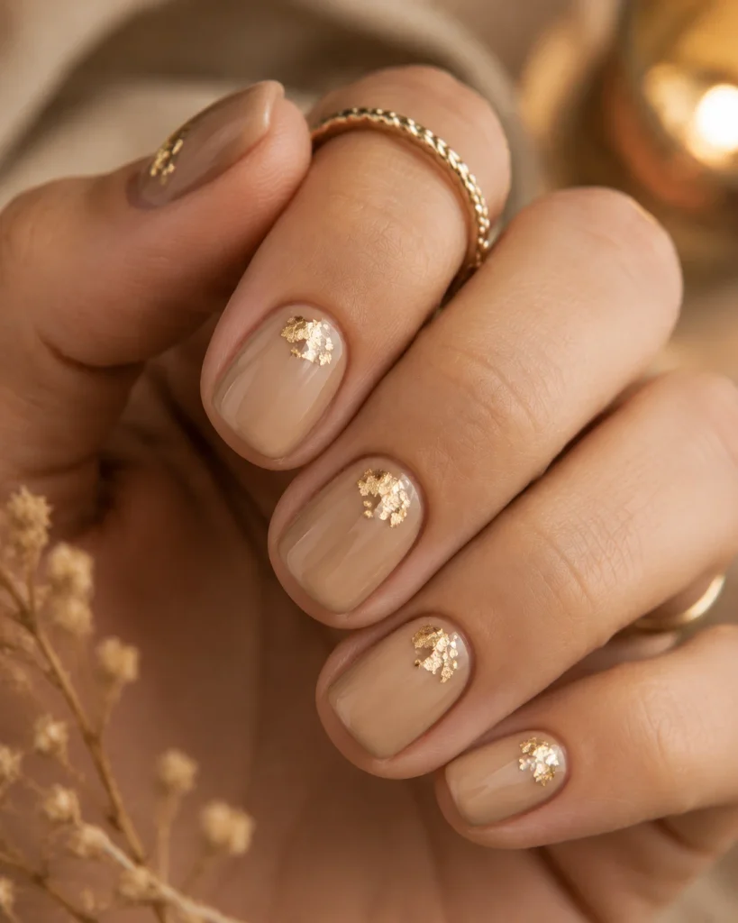 Short Neutral Nails With Gold Foil