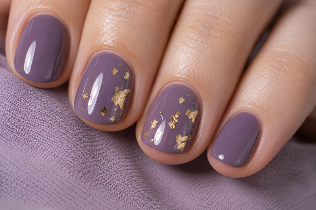 Short purple nails with scattered gold foil